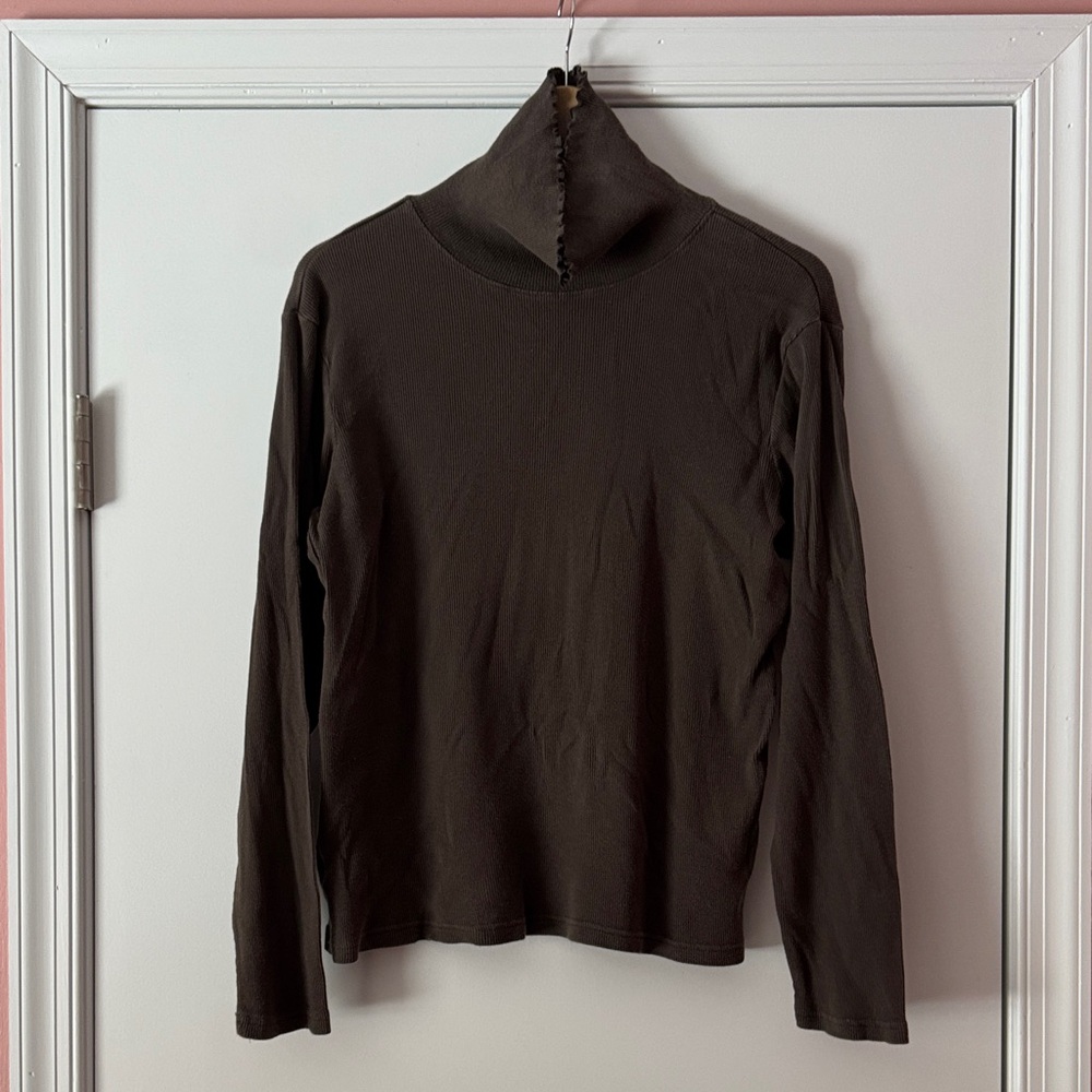 J.Jill 100% Cotton Brown Ruffle Ribbed Turtleneck Long Sleeve | Women's Medium